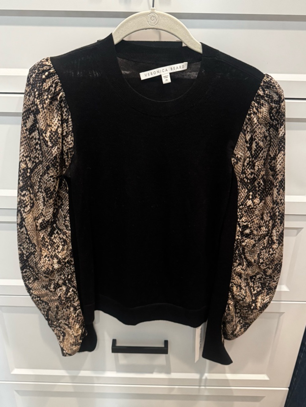 Veronica Beard Black Sweater with Snake-Print Puff Sleeves in Tan and Black